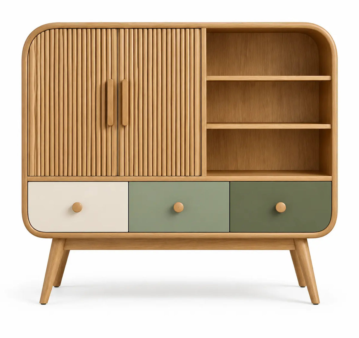 Credenza, ante scanalate, ripiani e cassetti inferiori, marrone/beige/verde