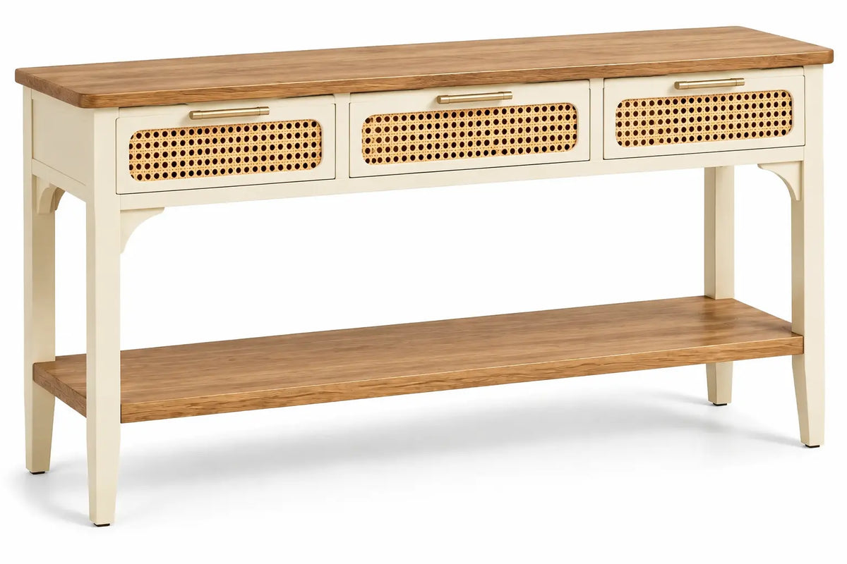 Consolle, tre cassetti intrecciati e ripiano inferiore, beige/marrone