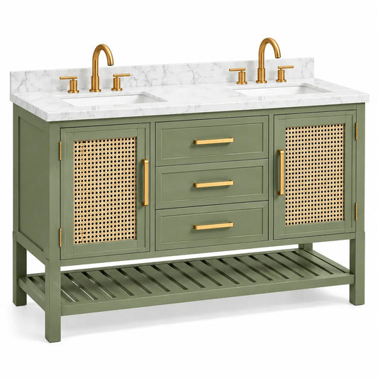 Mobile bagno con doppio lavabo, due lavabi e ante intrecciate, verde/marrone/bianco