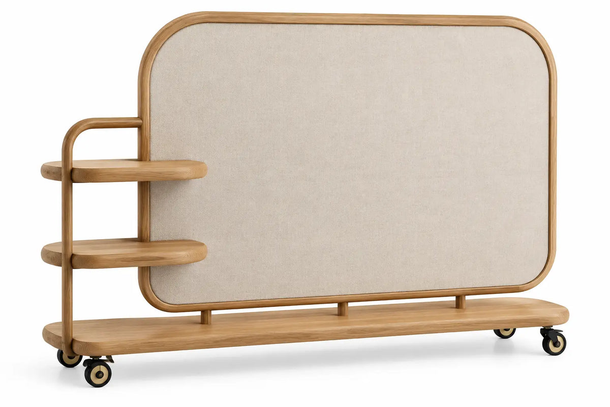 Divisorio con ripiani, pannello arrotondato con ripiani laterali e ruote, beige/marrone